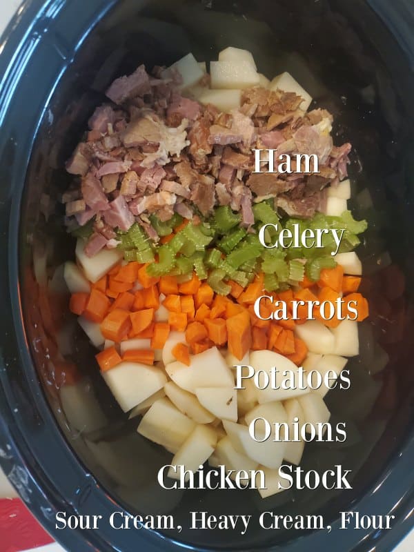 ham, celery, carrots, potatoes, onions, and chicken stock in a slow cooker lined up