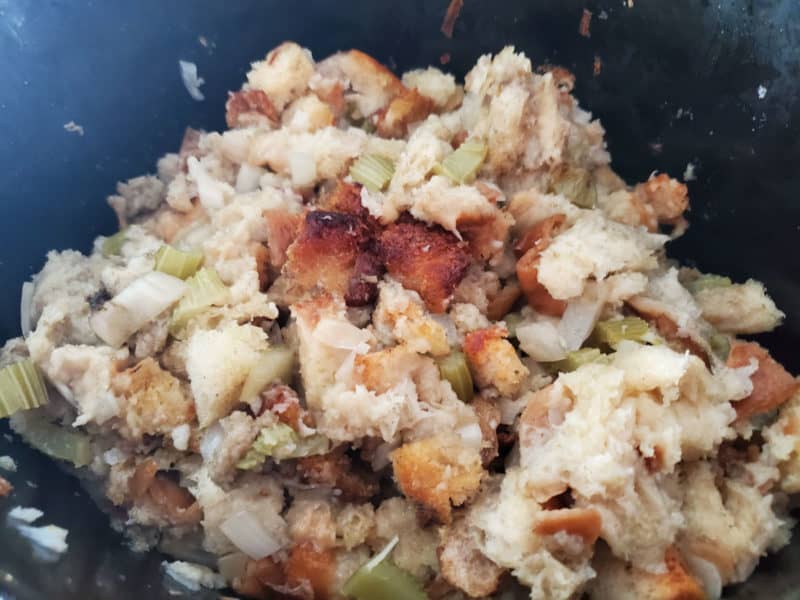 dressing bread crumbs in the slow cooker bowl