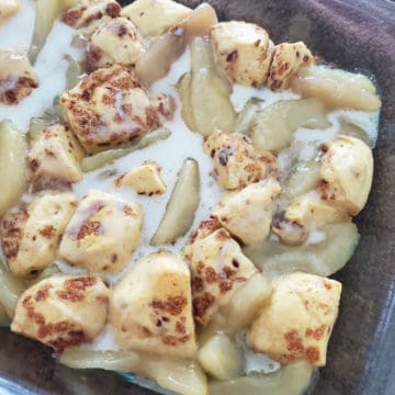 2-Ingredient Cinnamon Roll Apple Cobbler in a glass baking dish