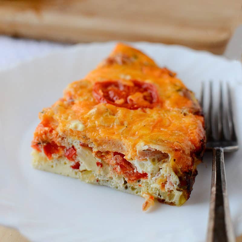 tomato and egg casserole on a white plate