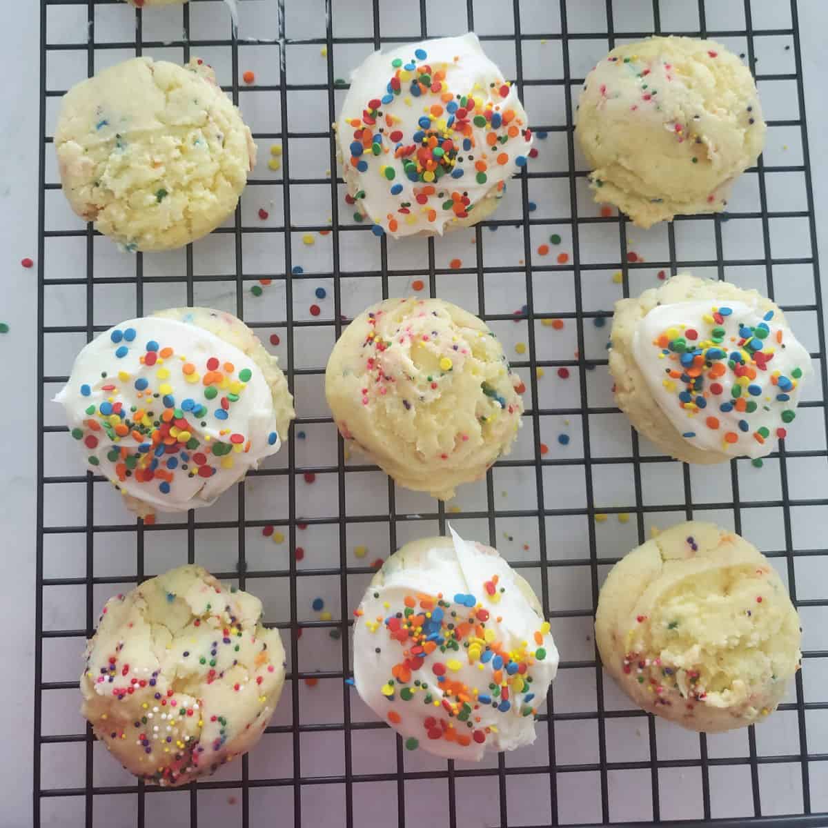 FunFetti Cake Mix Cookies on a wire rack