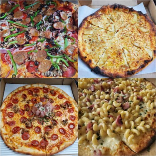 Collage of pizzas with different toppings