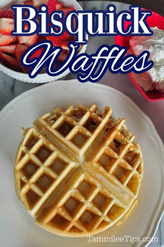 Bisquick Waffle text over a waffle on a white plate with a bowl of strawberries and whipped cream