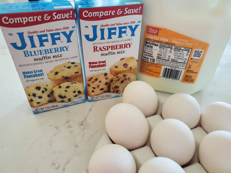 Muffin Mix boxes, milk, and eggs