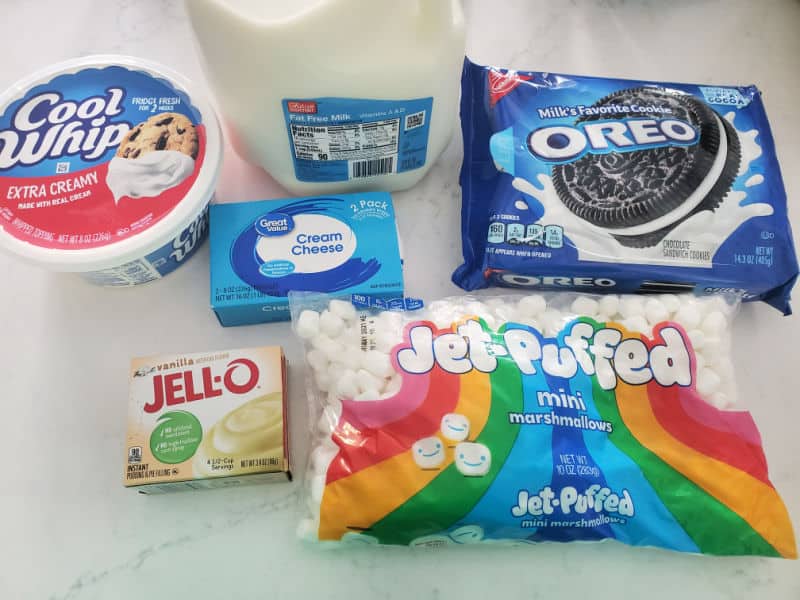 Oreo Fluff Ingredients, cool whip, milk, Oreo Cookies, Cream Cheese, Jello, and Mini Marshmallows