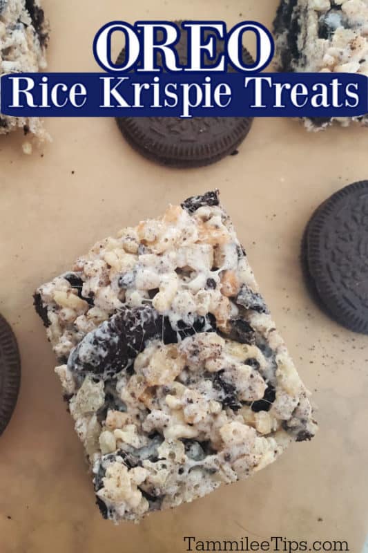 Oreo Rice Krispie Treats text over oreo treats and cookies on parchment paper 