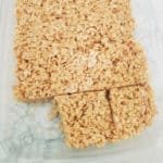 Peanut butter rice Krispie squares in a glass baking dish