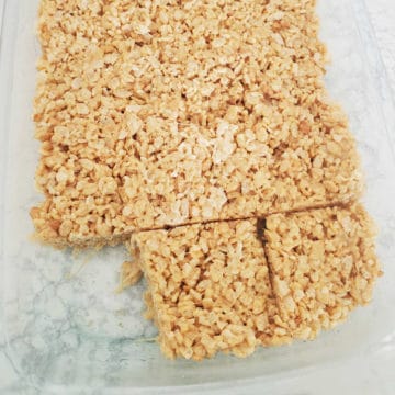 Peanut butter rice Krispie squares in a glass baking dish