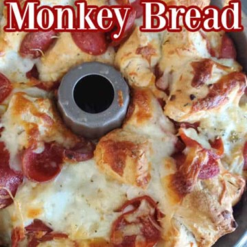Pizza Monkey Bread text over a bundt pan filled with pepperoni pizza monkey bread