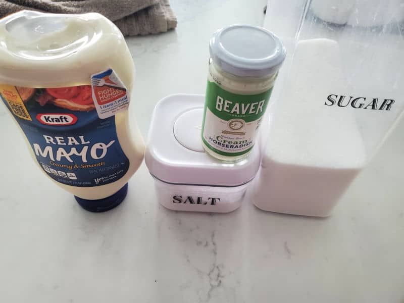 Mayo, creamy horseradish, salt, and sugar 