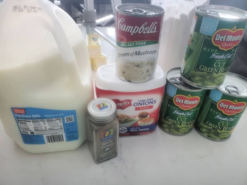 campbells green bean casserole ingredients, milk, pepper, crispy fried onions, cream of mushroom soup, cut green beans