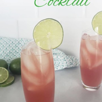 Bay Breeze Cocktail text over two glasses garnished with lime wheel