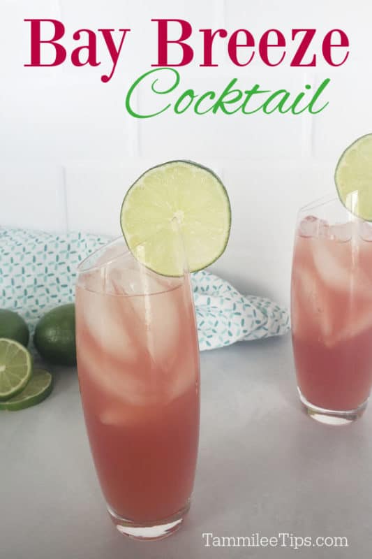 Bay Breeze Cocktail text over two glasses garnished with lime wheel