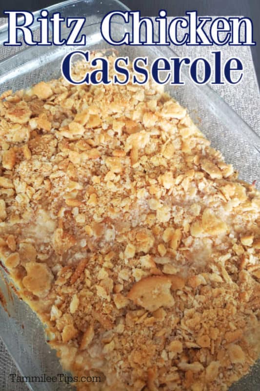 Ritz Chicken Casserole over a casserole dish filled with chicken and ritz