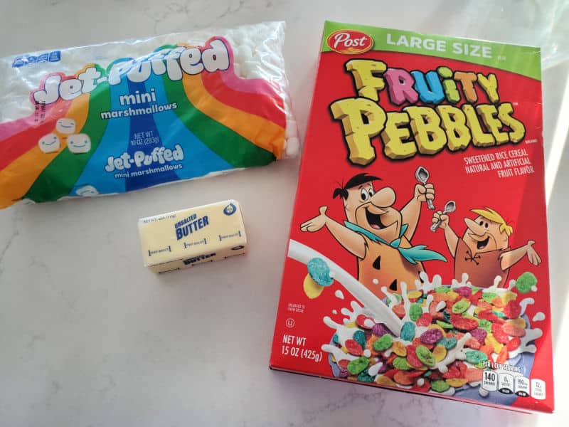 Fruity Pebble treat ingredients mini marshmallows, butter, fruity pebbles cereal