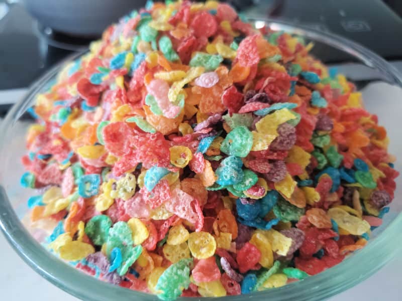 Fruity pebbles cereal in a glass bowl