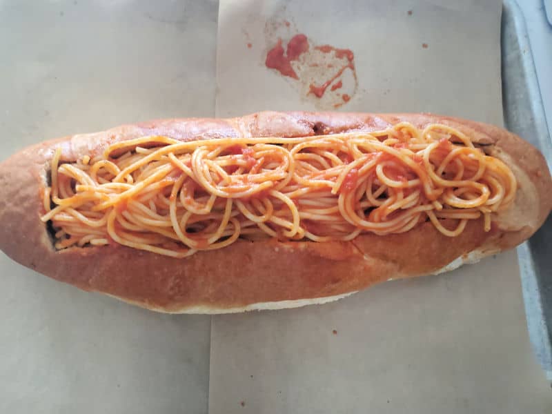 spaghetti in a loaf of bread