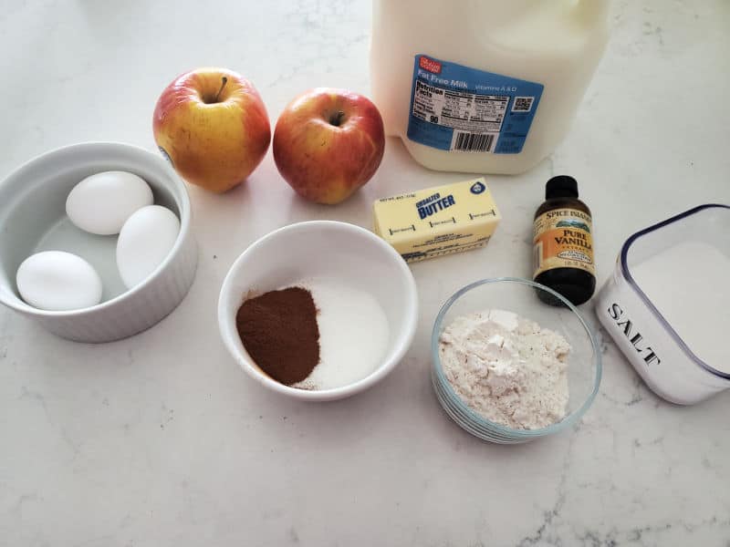 German Apple pancake ingredients eggs, apples, milk, butter, vanilla, salt, flour, cinnamon and sugar