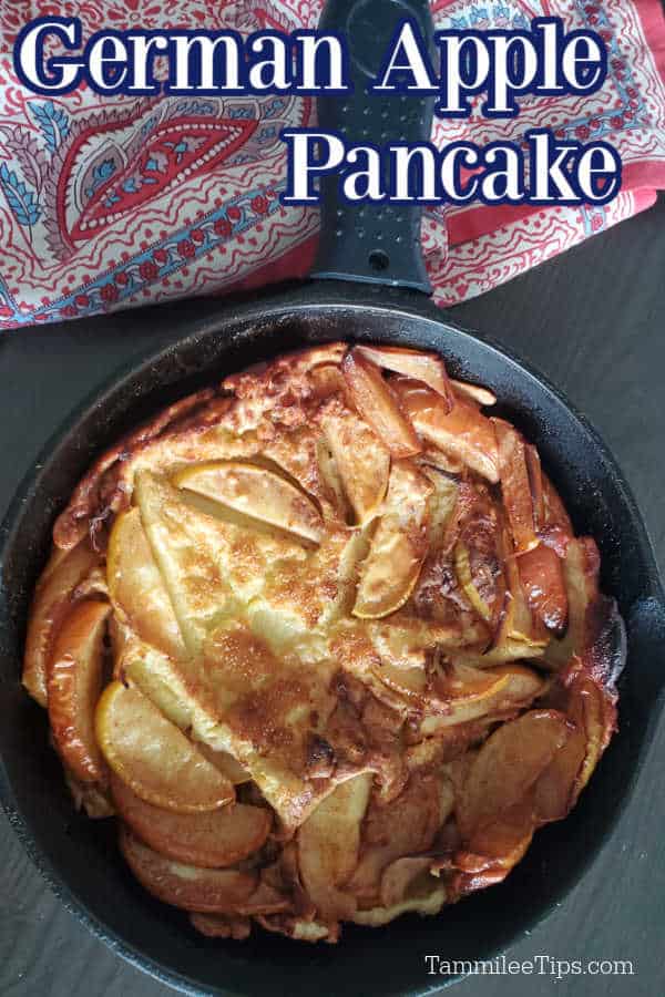 German Apple Pancake text over a cast iron with apple pancake and a cloth napkin