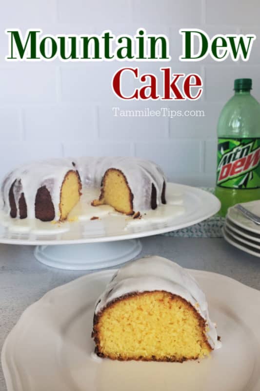 Mountain Dew cake over a platter with cake and a bottle of mtn dew