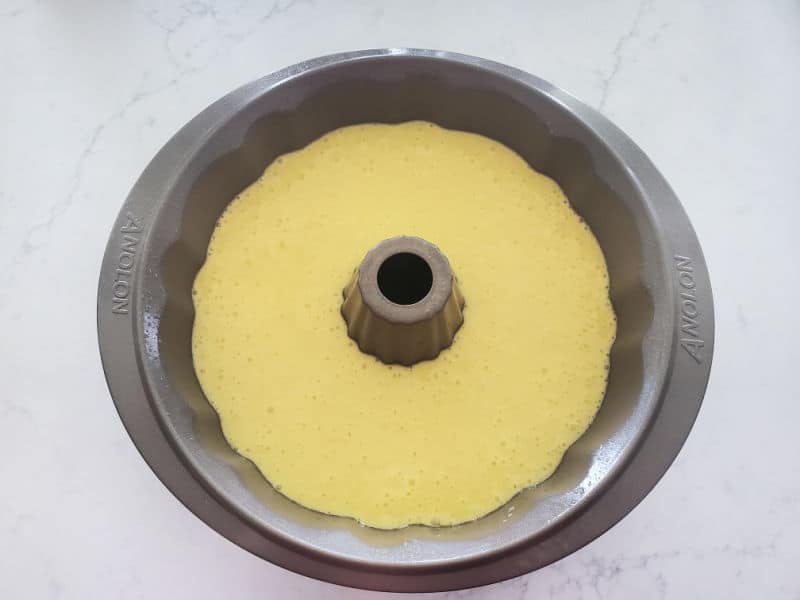 cake mix in a bundt cake pan before baking