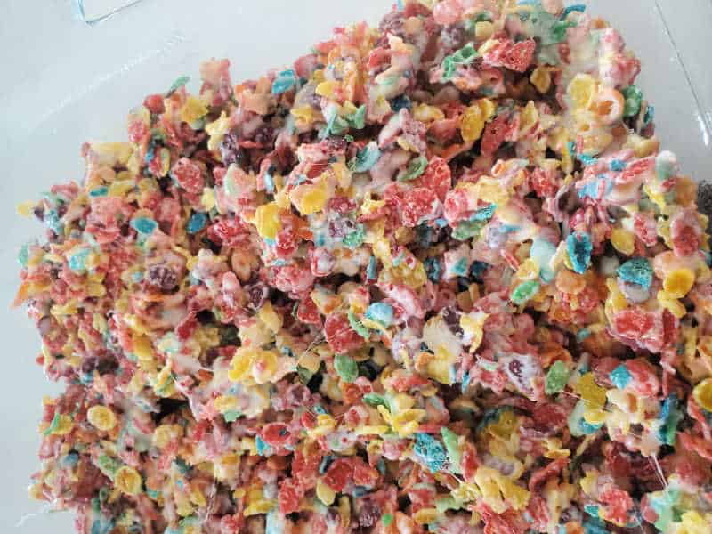 Fruity Pebbles Rice Crispy treats in a glass baking dish