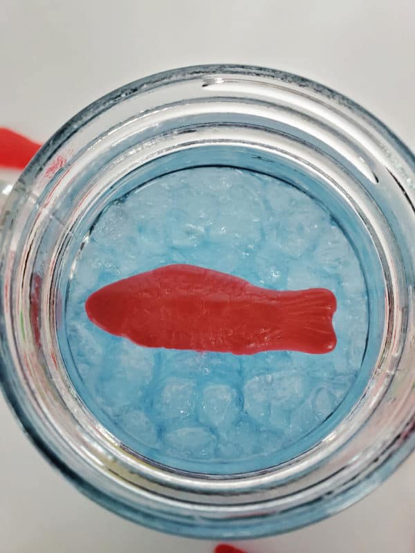 Swedish Fish Candy floating on top of Sonic Ocean Water in a Mason Jar Glass