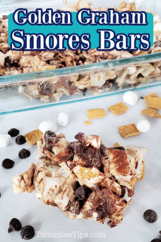 Golden Graham Smores Bars text over a square bar next to chocolate chips, marshmallows and golden grahams with the baking tray in the background