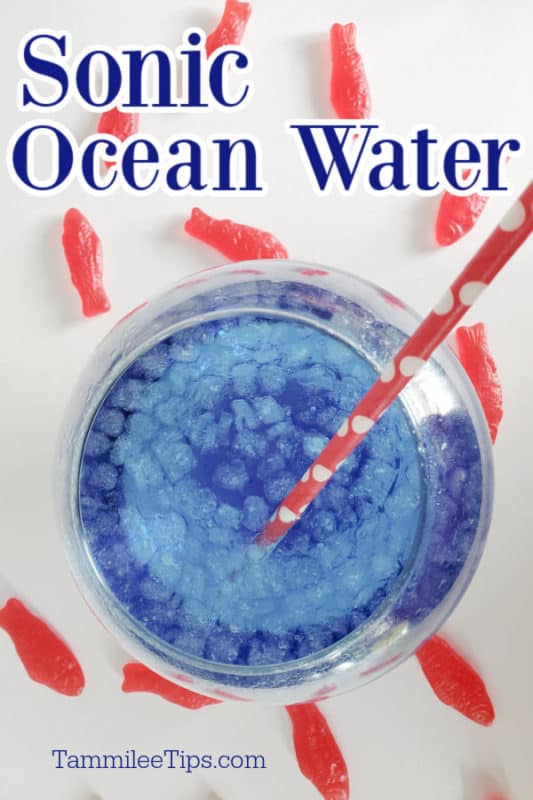 Sonic Ocean Water blue text printed over a fish bowl with Sonic Ocean Water, ice cubes, and Swedish Fish