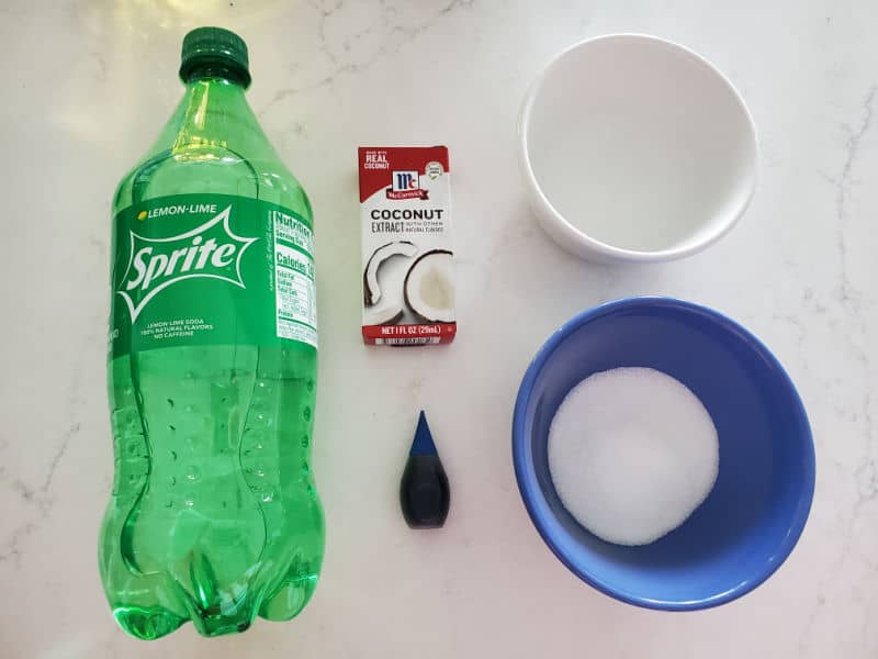 Sonic Ocean water ingredients, Sprite soda, coconut extract, blue food coloring, sugar, and a bowl of water 
