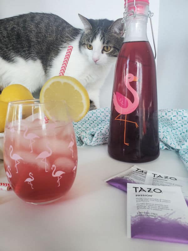 Kitten behind Copycat Starbucks Passion Tea Lemonade in a flamingo glass next to Tazo Passion tea bags