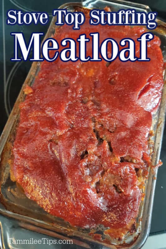 Stove Top Stuffing Meatloaf over a glass baking dish with stove top meatloaf