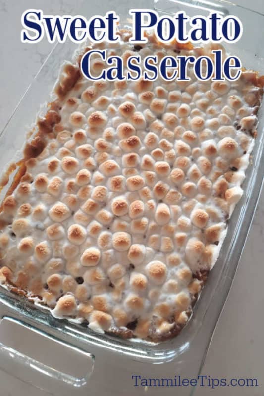 Sweet Potato Casserole over a glass casserole dish with marshmallows and sweet potatoes