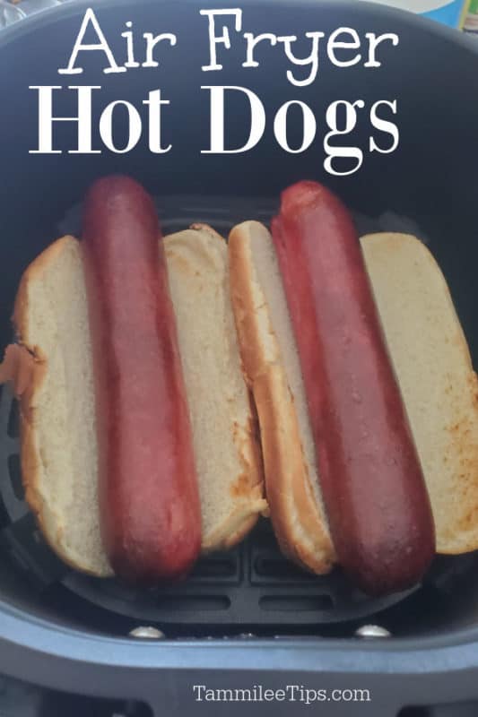Air Fryer Hot Dogs over two hot dogs on toasted buns in an air fryer basket