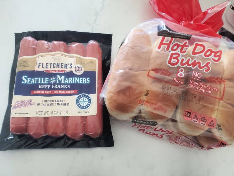 Fletchers Seattle Mariners hot dog package next to a package of hot dog buns
