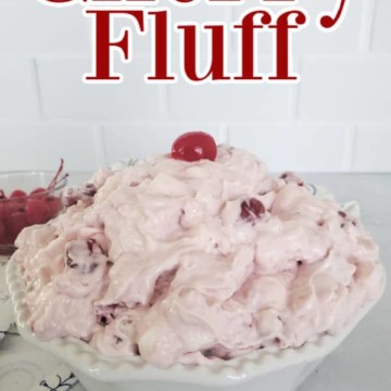 Cherry Fluff text over a large bowl filled with pink cherry jello fluff salad