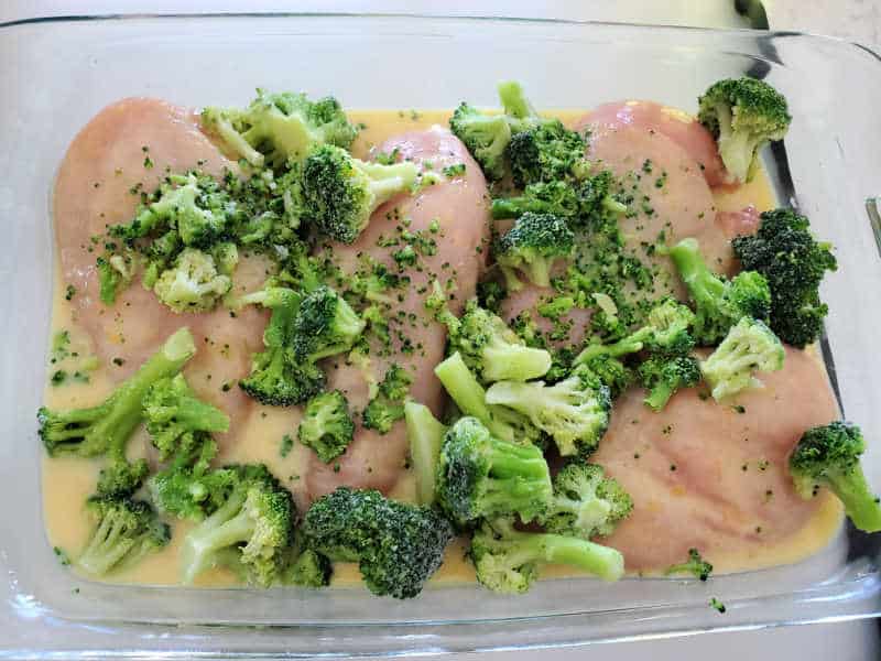 chicken breasts, broccoli florets, and cheese soup mix in a glass baking dish unbaked