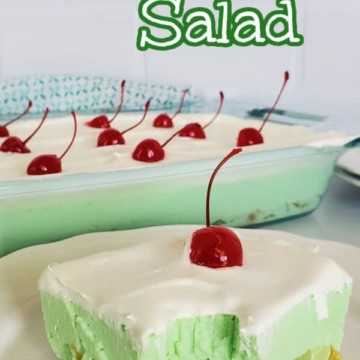 Green Jello Salad text over a slice of green jello salad