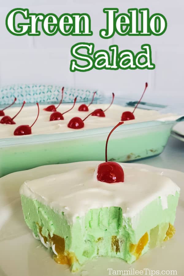 Green Jello Salad text over a slice of green jello salad