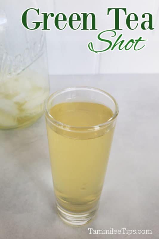 Green Tea Shot printed in text over a Green Tea Shot with a cocktail shaker in background