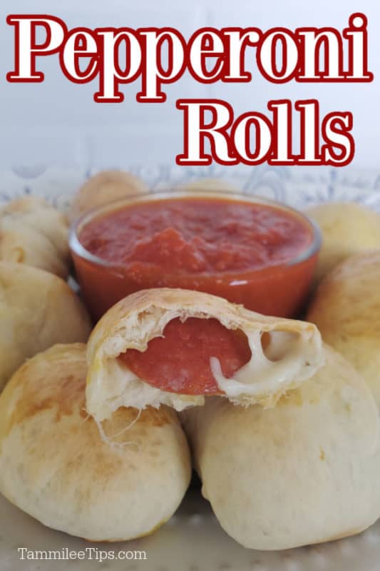 pepperoni rolls over a plate with a split open pepperoni roll and a jar of sauce 