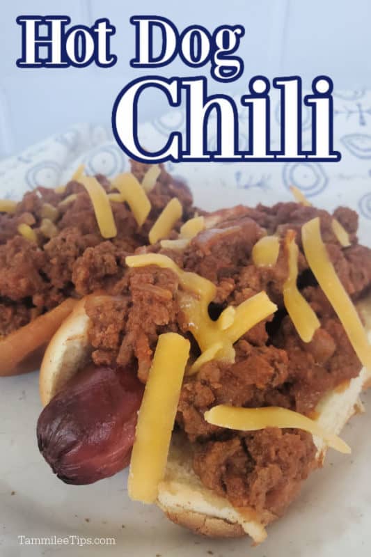 Hot dog chili over two chili dogs on a white plate