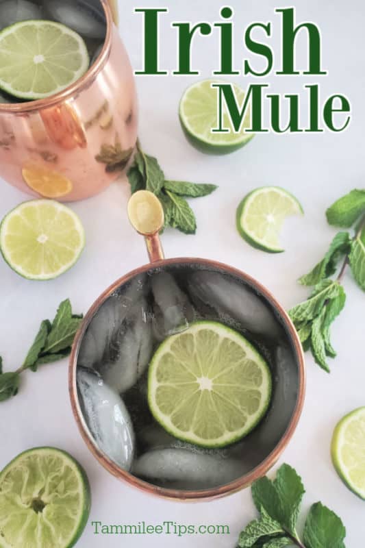 Irish Mule text over 2 copper moscow mule mugs with ice and limes, mint