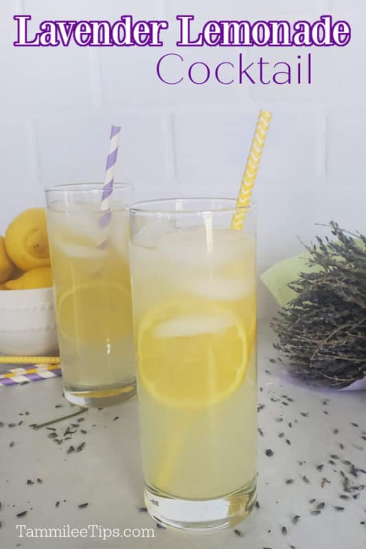 Lavender Lemonade cocktail over two tall glasses with lemon slices and striped straws. Bunder of lavender next to a bowl of lemons