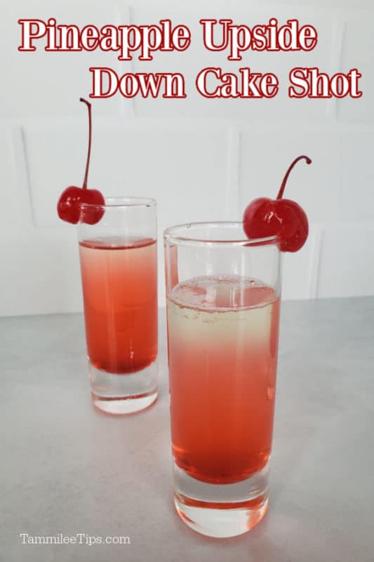 Pineapple Upside Down Cake Shot text over a pink layered shot with maraschino cherry