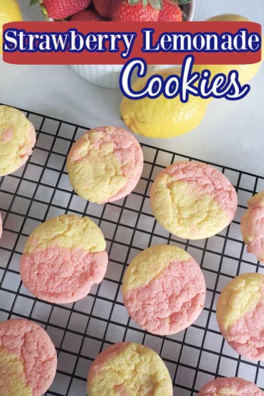 Strawberry lemonade cookies over a wire rack with pink and yellow cookies