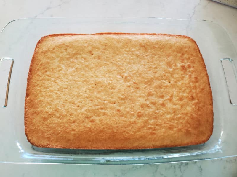 White cake in a glass baking dish