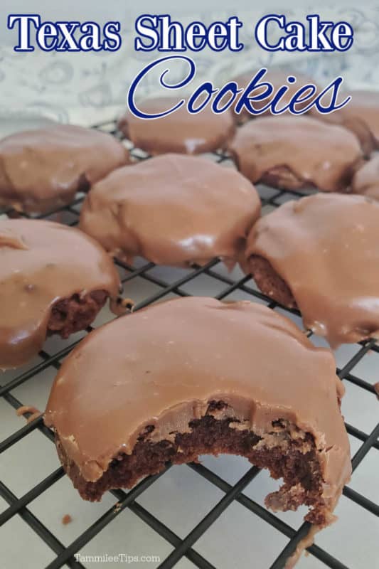 Texas Sheet Cake Cookies text over a wire rack with frosted chocolate cookies