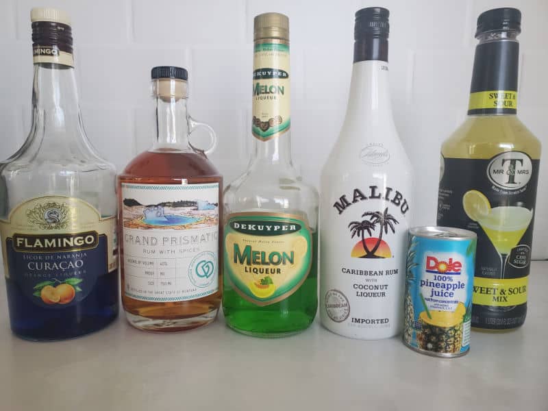 Liquid Marijuana Shot ingredients blue curacao, rum, melon liqueur, coconut rum, pineapple juice, sweet and sour mix