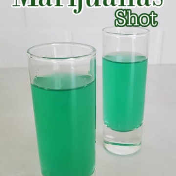 Liquid Marijuana Shot text over two green cocktails in shot glasses